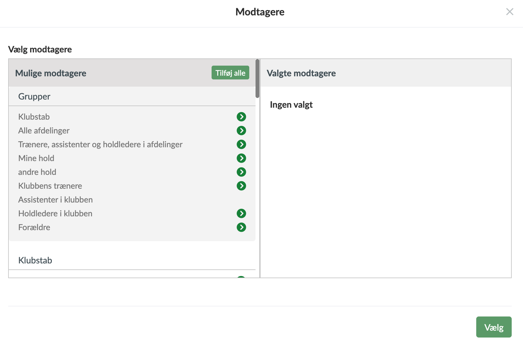 Vælg modtagere til en email eller SMS i Holdsport